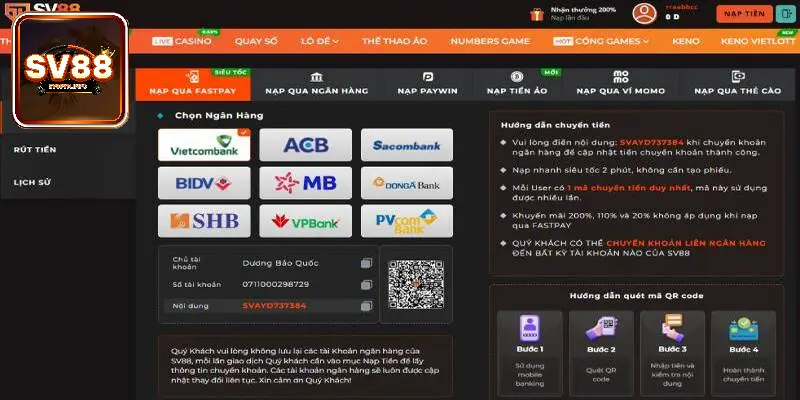 Cách nạp tiền SV88 chi tiết nhất cho tân binh