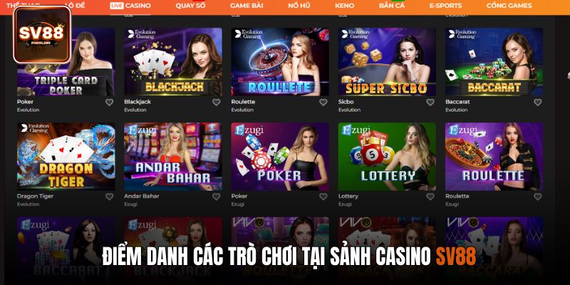 Điểm danh các trò chơi tại sảnh casino SV88