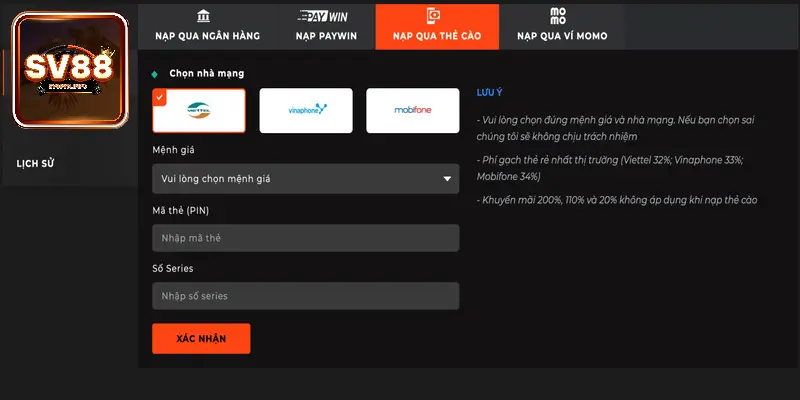Nạp tiền SV88 bằng thẻ cào